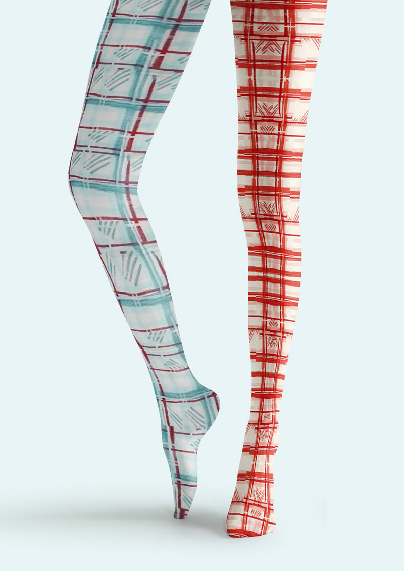 Red Blue Plaid Printed Tights Hosiery Pantyhose