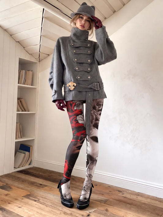 Black Red Sculptural Tattoo Tights