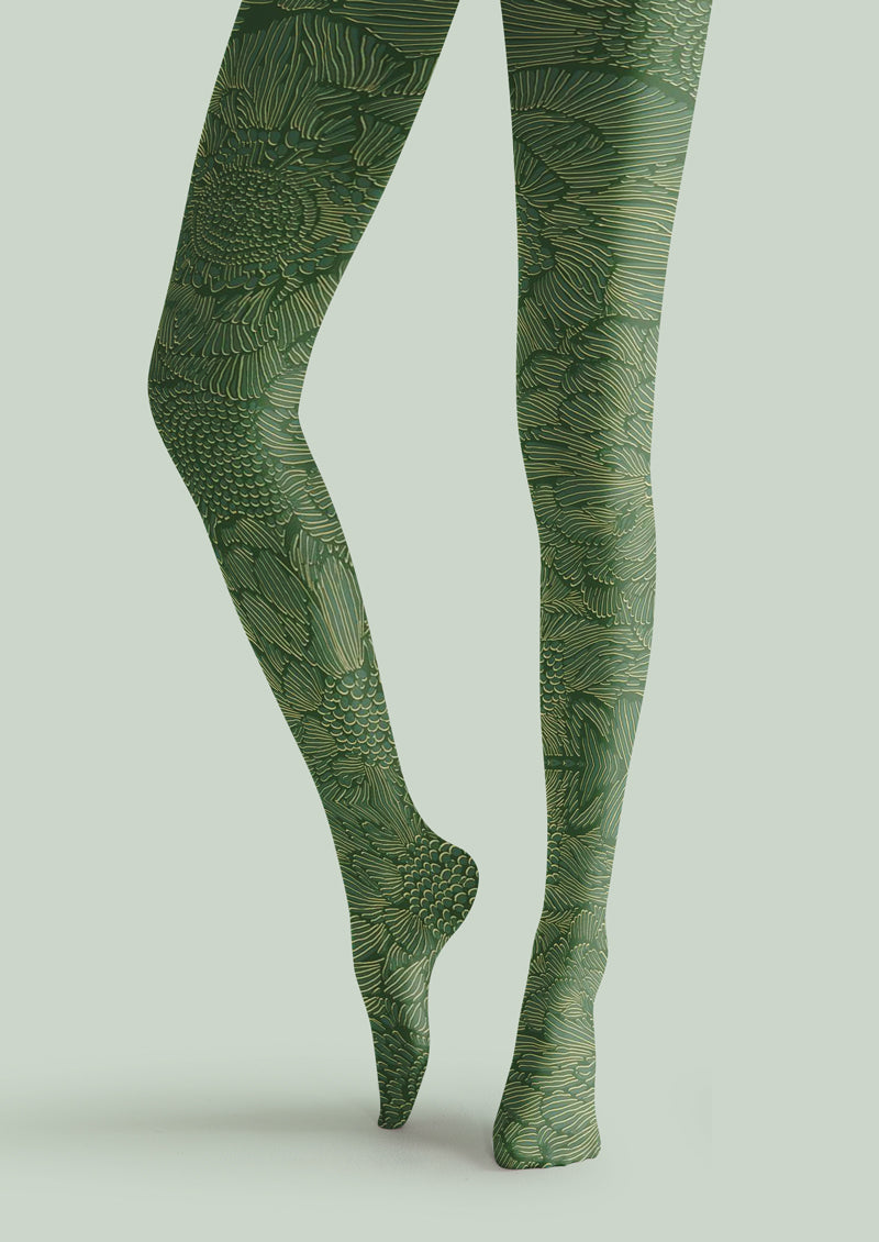 Green Botanical Pattern Tights Hosiery Pantyhose