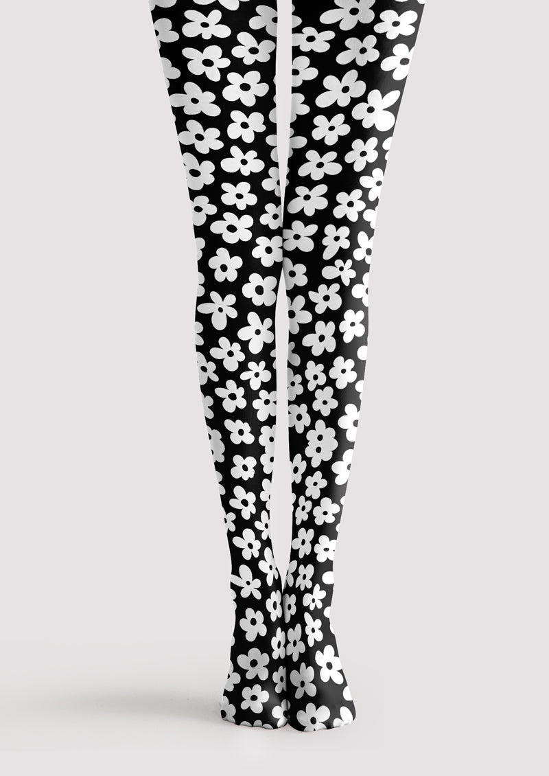 Black White Daisy Tights Hosiery Pantyhose
