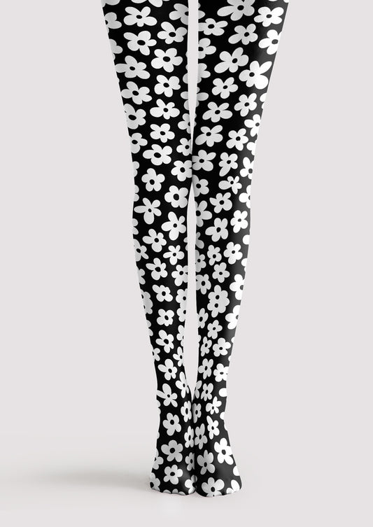 Black White Daisy Tights Hosiery Pantyhose