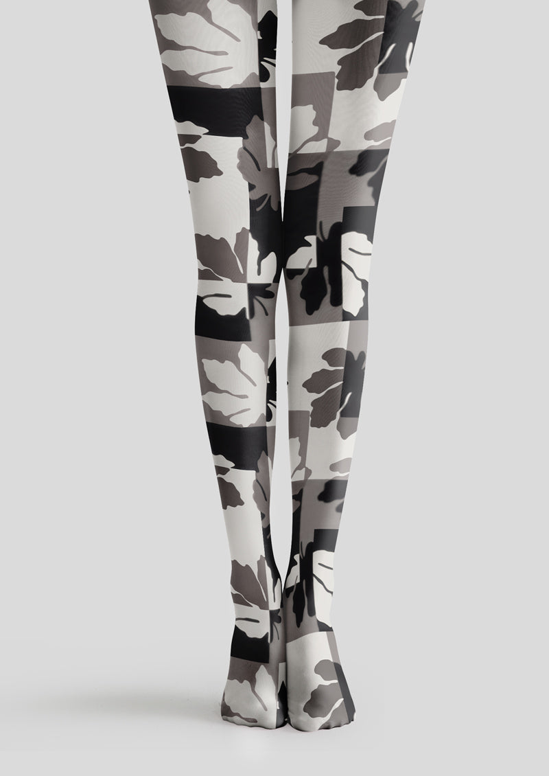 Black White Leaf Patchwork Tights Hosiery Pantyhose