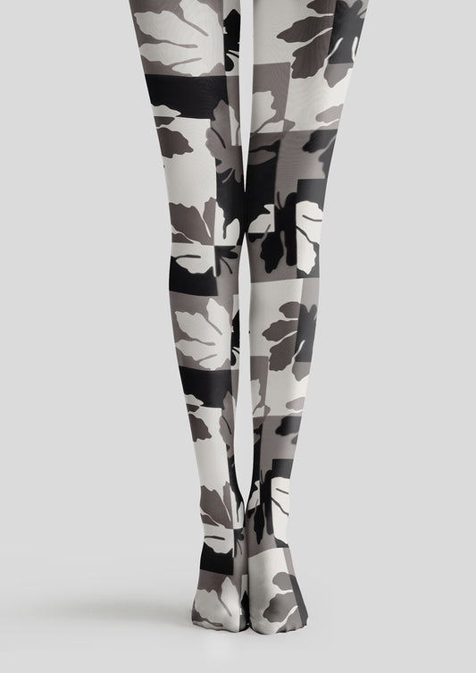 Black White Leaf Patchwork Tights Hosiery Pantyhose
