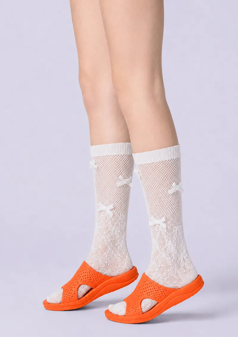 Ivory Bow Lace Knit Footless Knee-High Socks