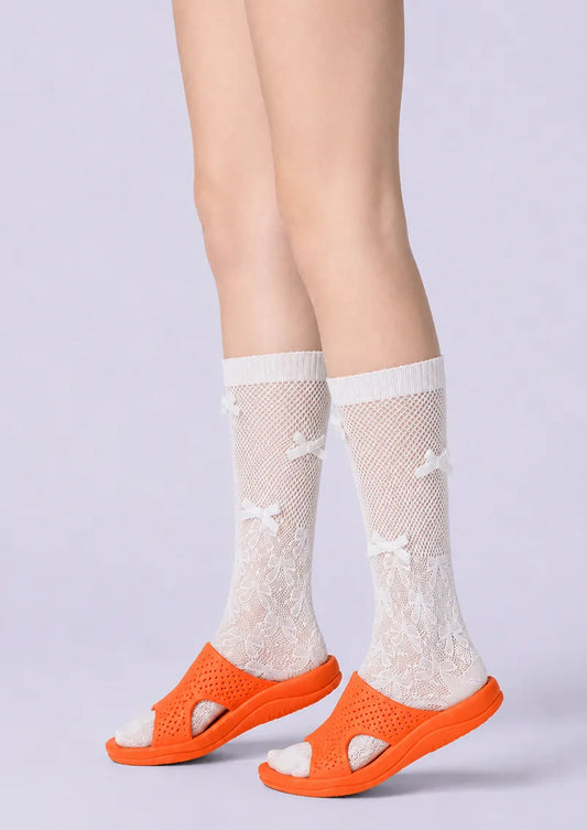 Ivory Bow Lace Knit Knee-High Socks