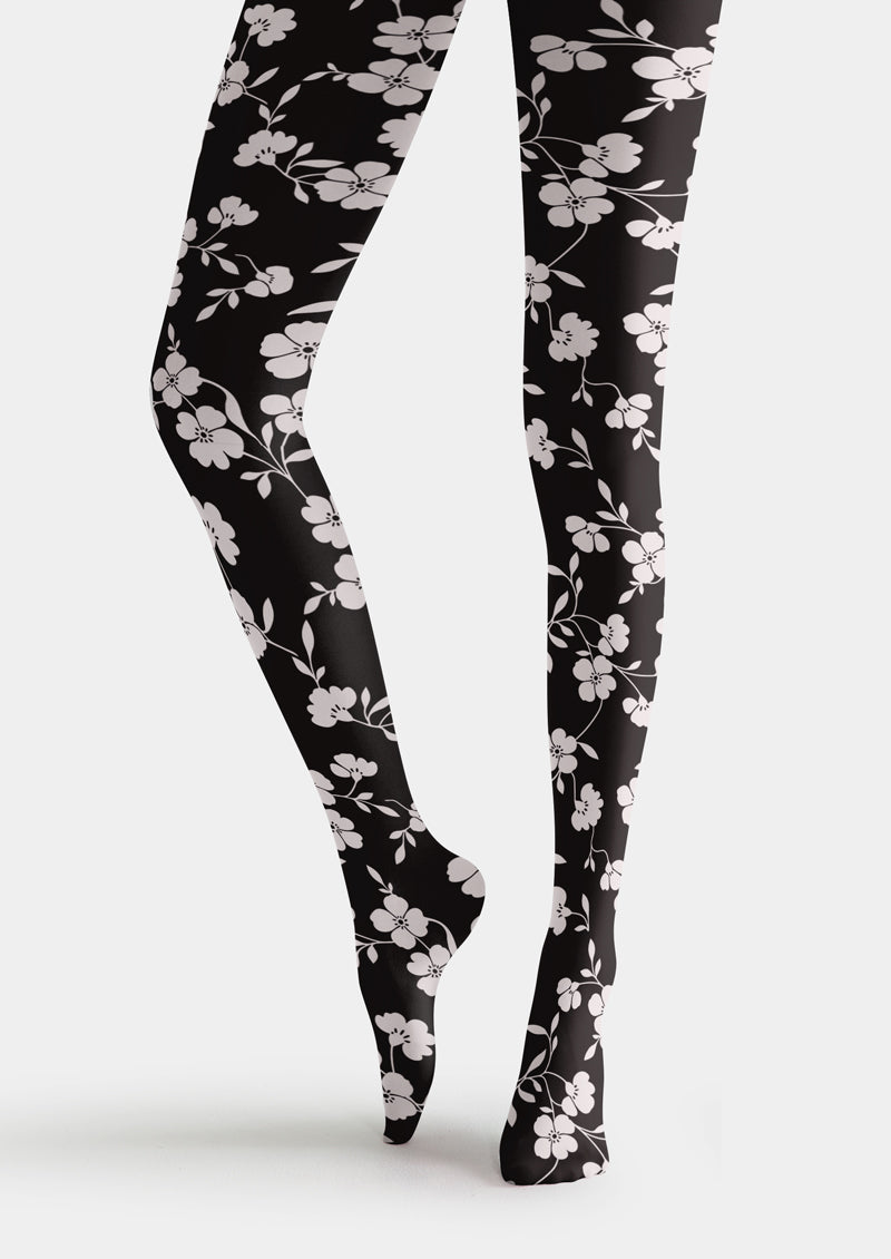Black White Floral Printed Tights Hosiery Pantyhose