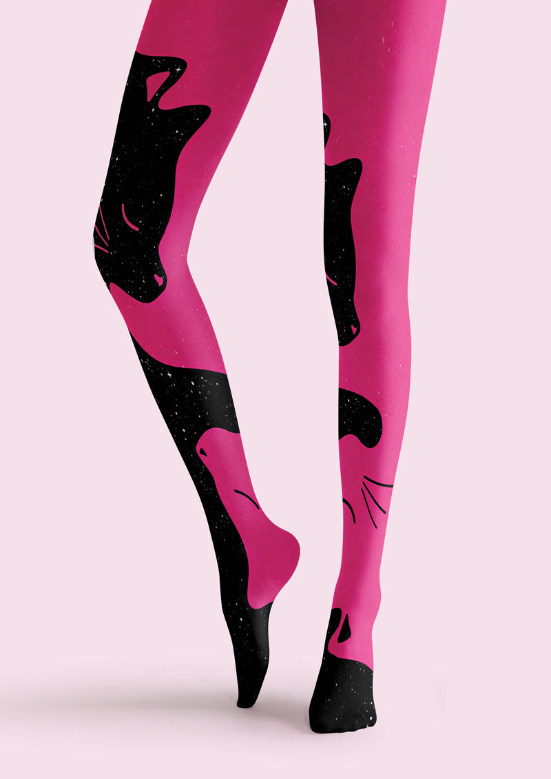 Pink Black Cat Printed Tights Hosiery Pantyhose