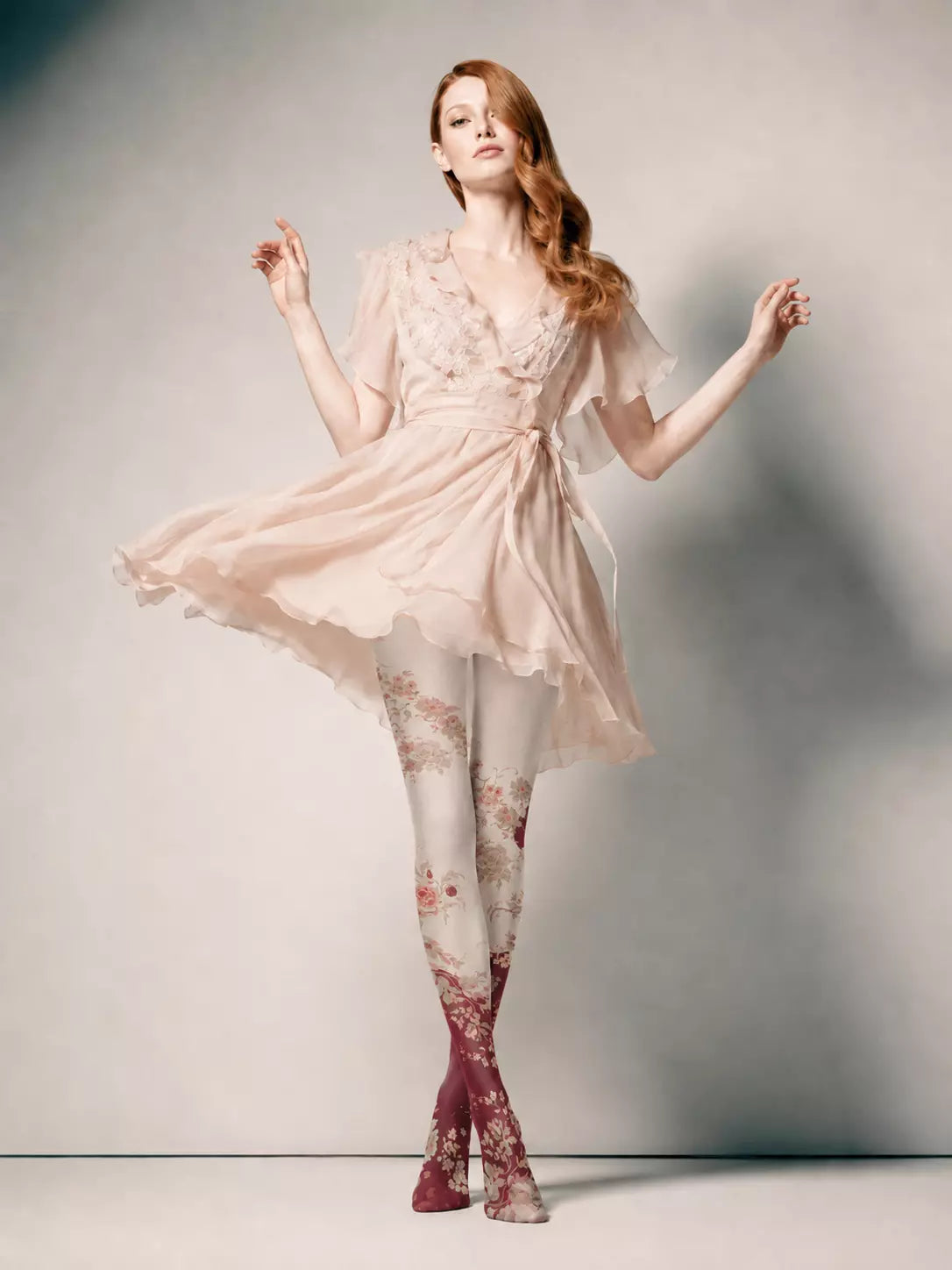 Vintage Blush Burgundy Floral Ombre Print Tights Hosiery Pantyhose