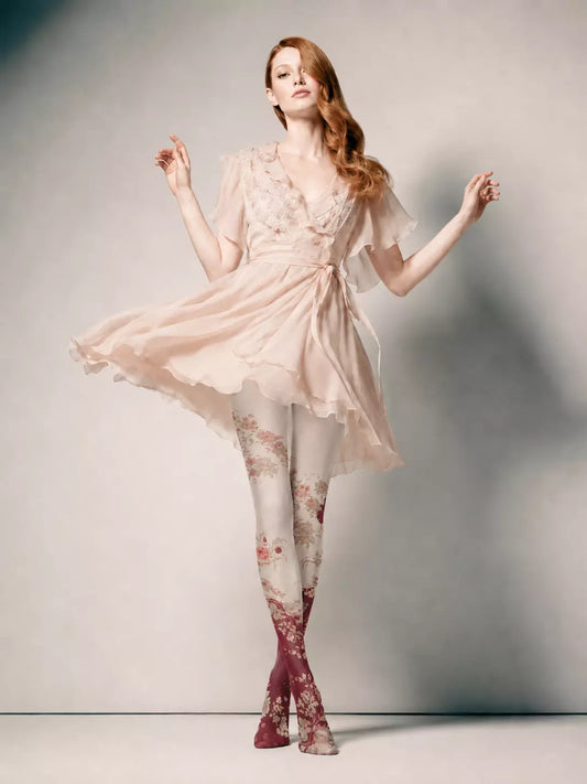 Vintage Blush Burgundy Floral Ombre Print Tights Hosiery Pantyhose