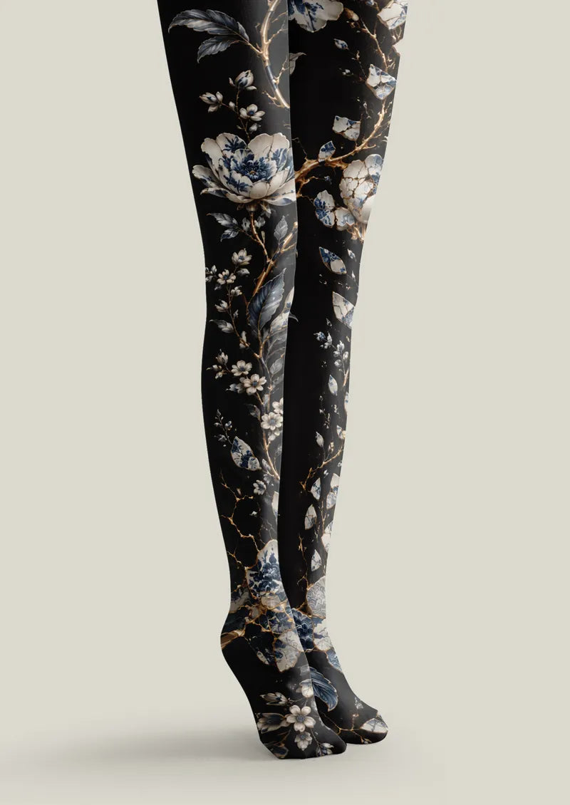 Black Blue Porcelain Floral Tights