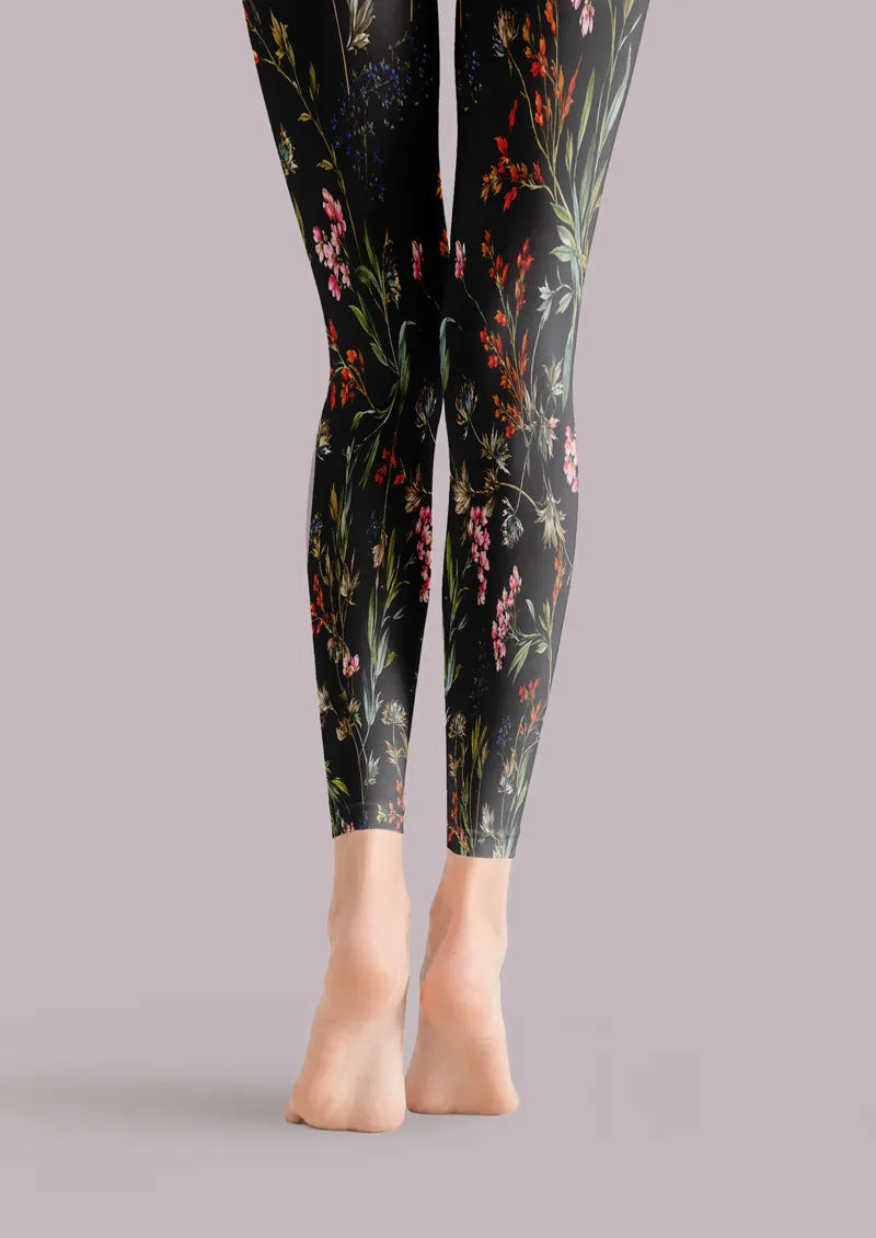 Midnight Wildflower Floral Print Footless Tights Hosiery Leggings