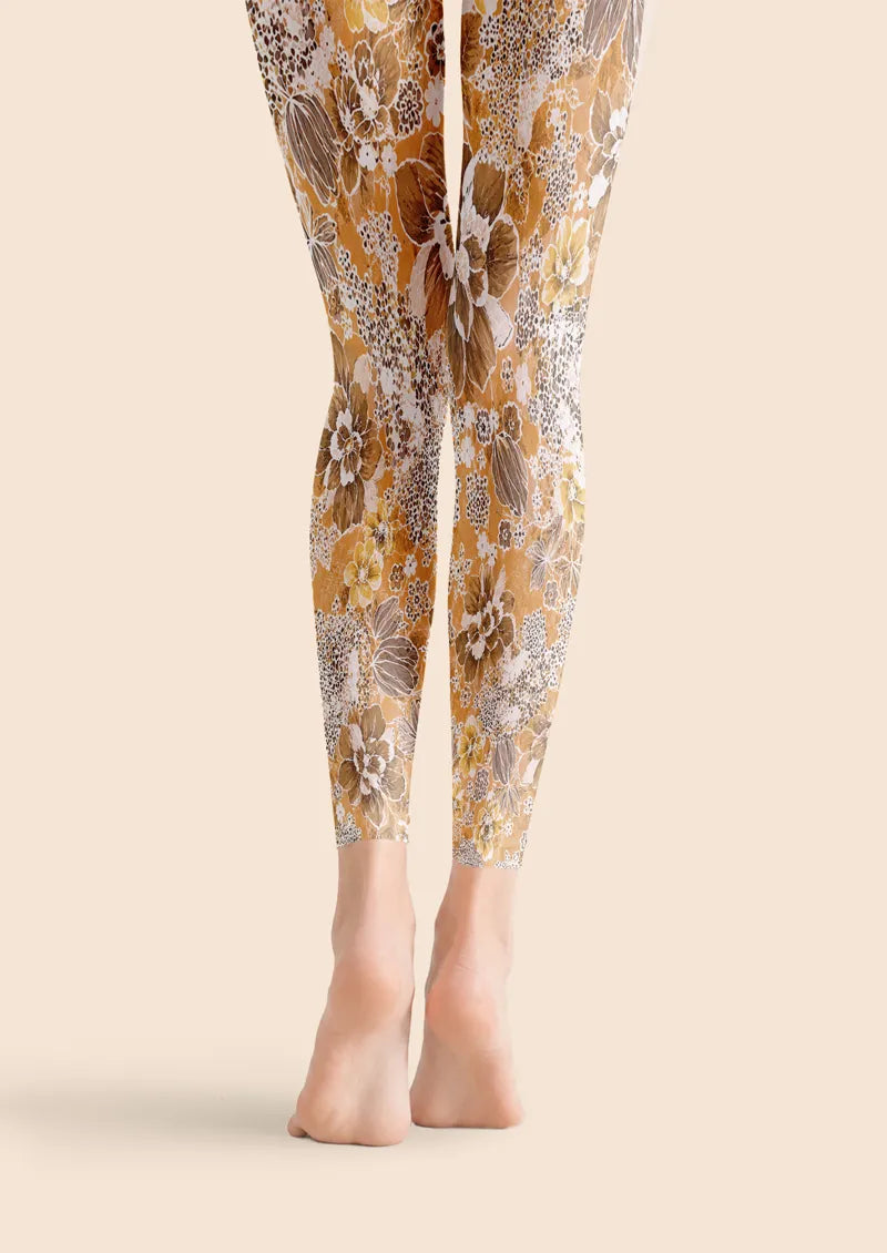 Golden Brown Floral Lace Footless Tights Hosiery Leggings