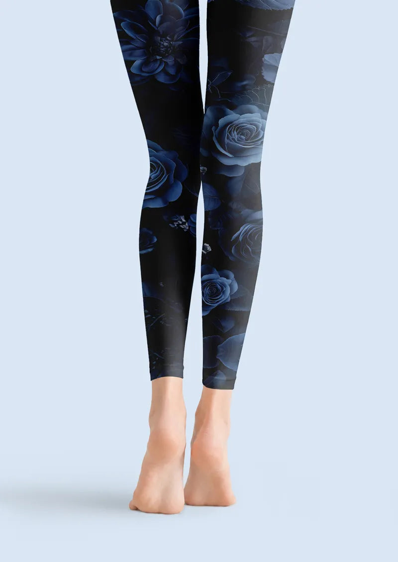 Midnight Blue Rose Floral Print Footless Tights Hosiery Leggings