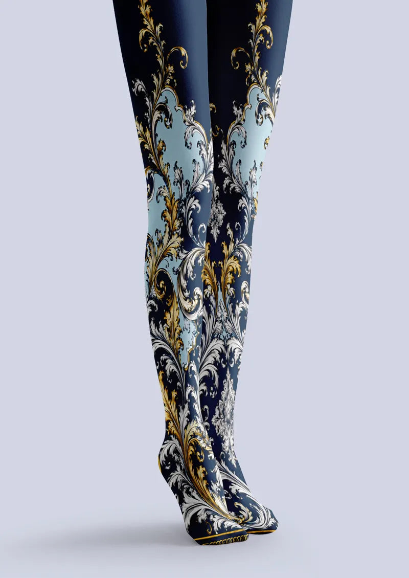 Navy Gold Baroque Scroll Print Tights Hosiery Pantyhose