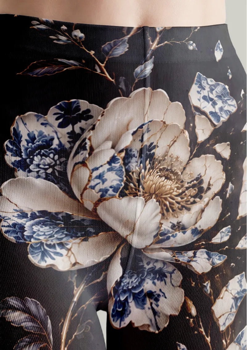 Black Blue Porcelain Floral Tights