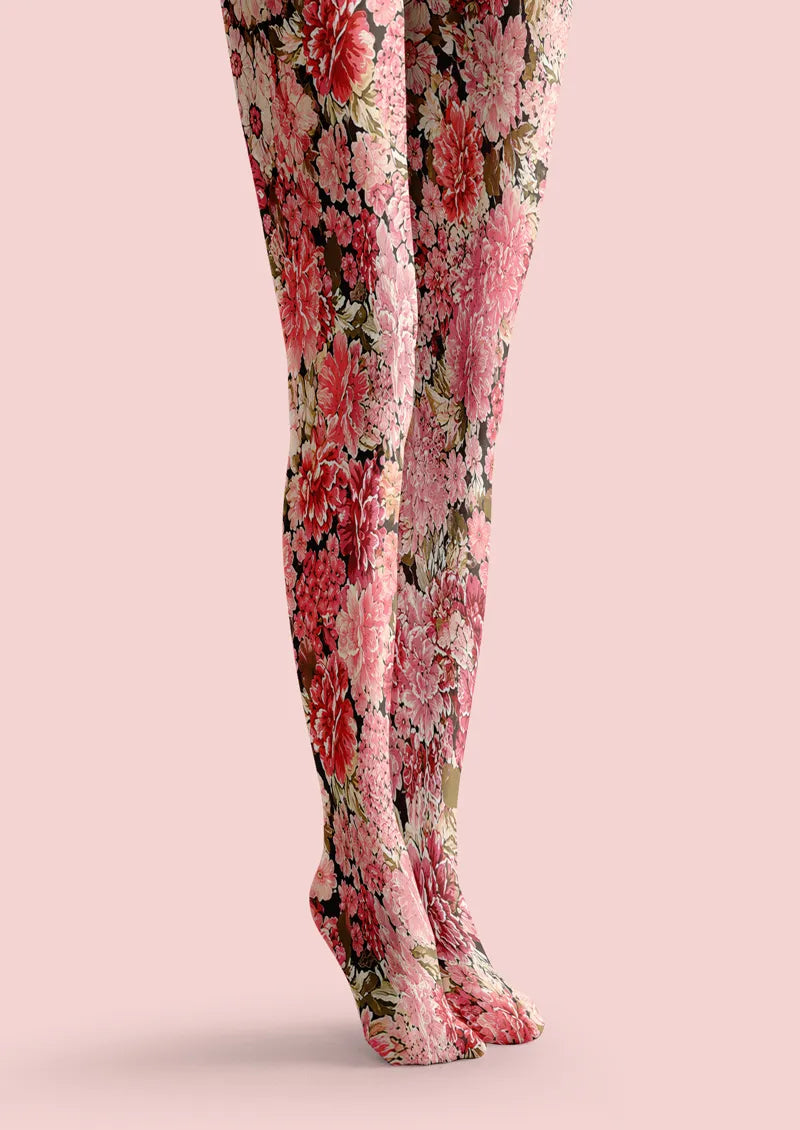 Dense Crimson Pink Floral Print Tights Hosiery Pantyhose
