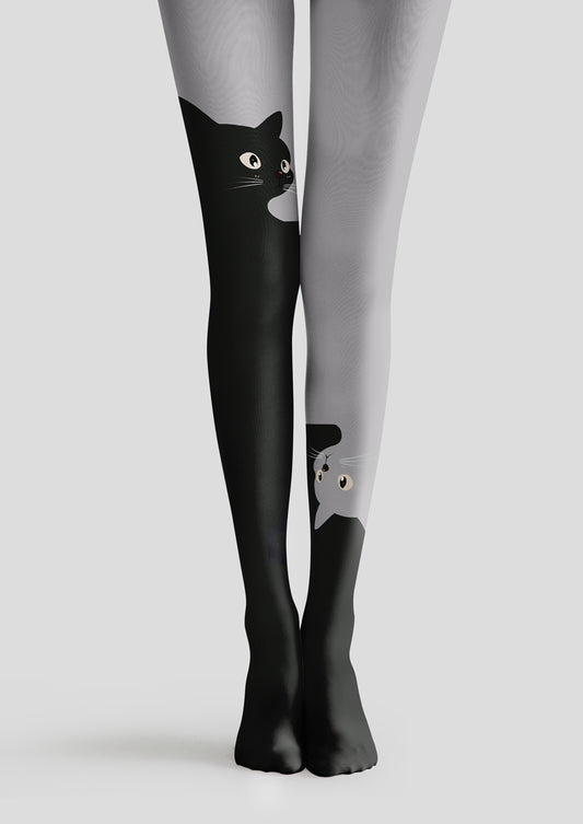 Two Tone Cat Print Tights Hosiery Pantyhose