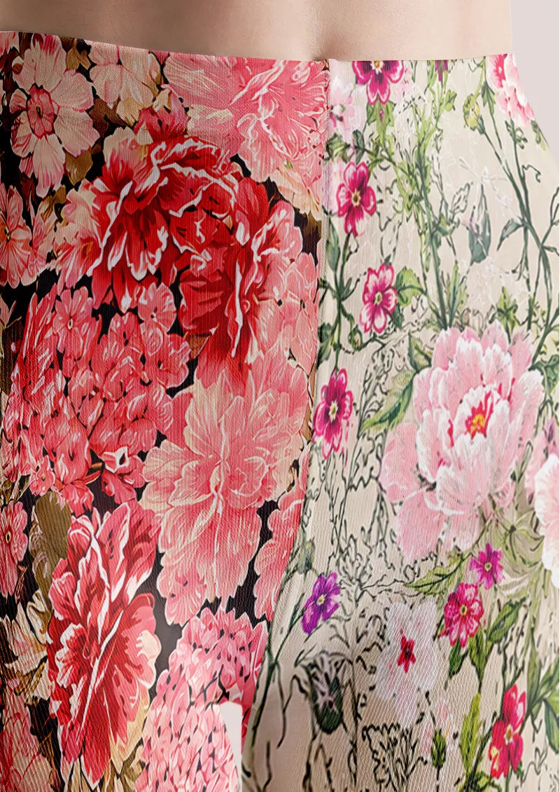 Two-Tone Split Peony and Botanical Floral Print Tights Hosiery Pantyhose