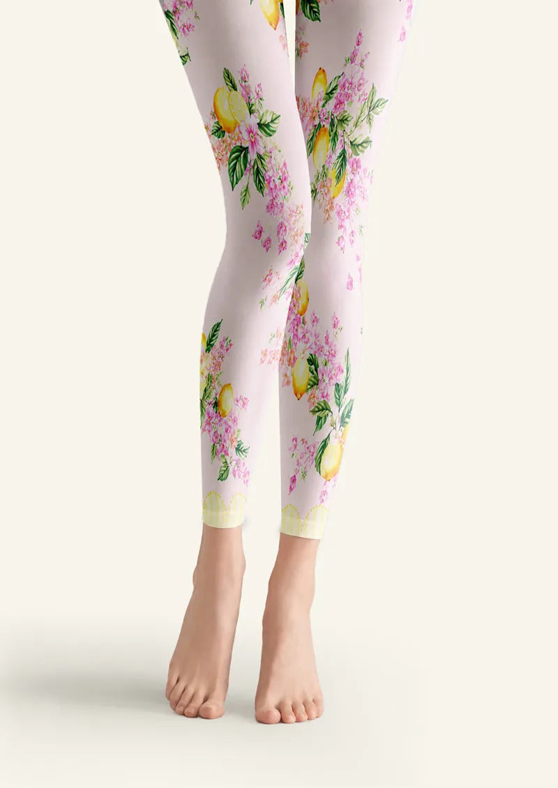 Lemon Garden Floral Print Footless Tights Hosiery Leggings