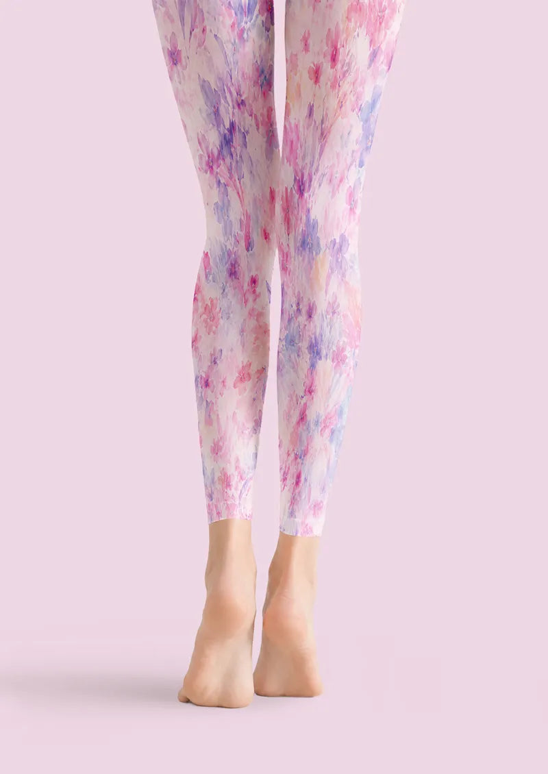 Pastel Watercolor Floral Print Footless Tights Hosiery Leggings