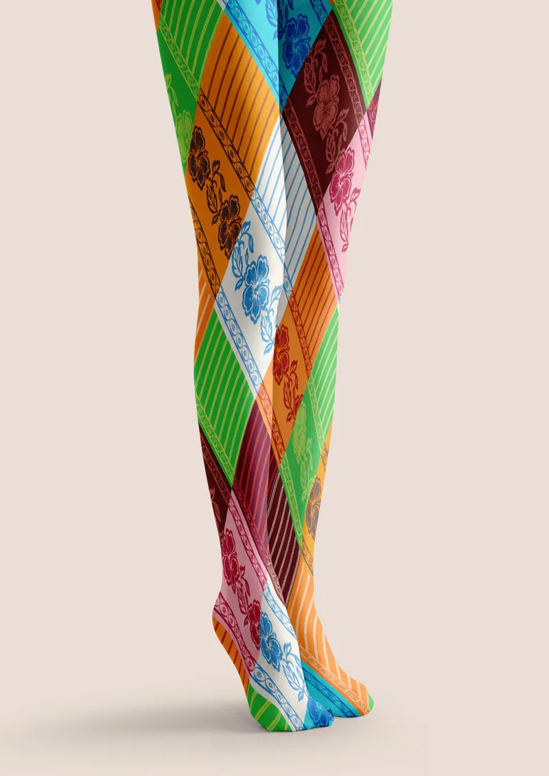 Colorful Diagonal Stripe and Floral Patchwork Tights Hosiery Pantyhose