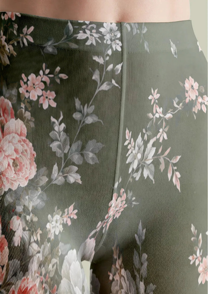 Olive Green Vintage Rose Floral Print Tights Hosiery Pantyhose