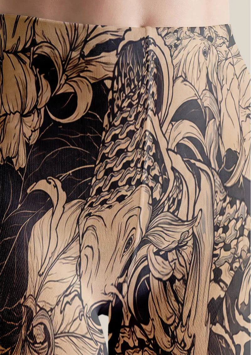 Monochrome Koi and Lotus Art Print Tights Hosiery Pantyhose