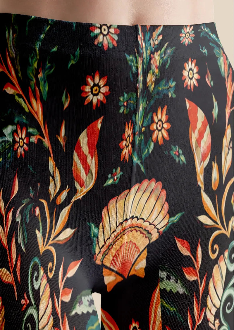 Black Seashell Botanical Print Tights Hosiery Pantyhose