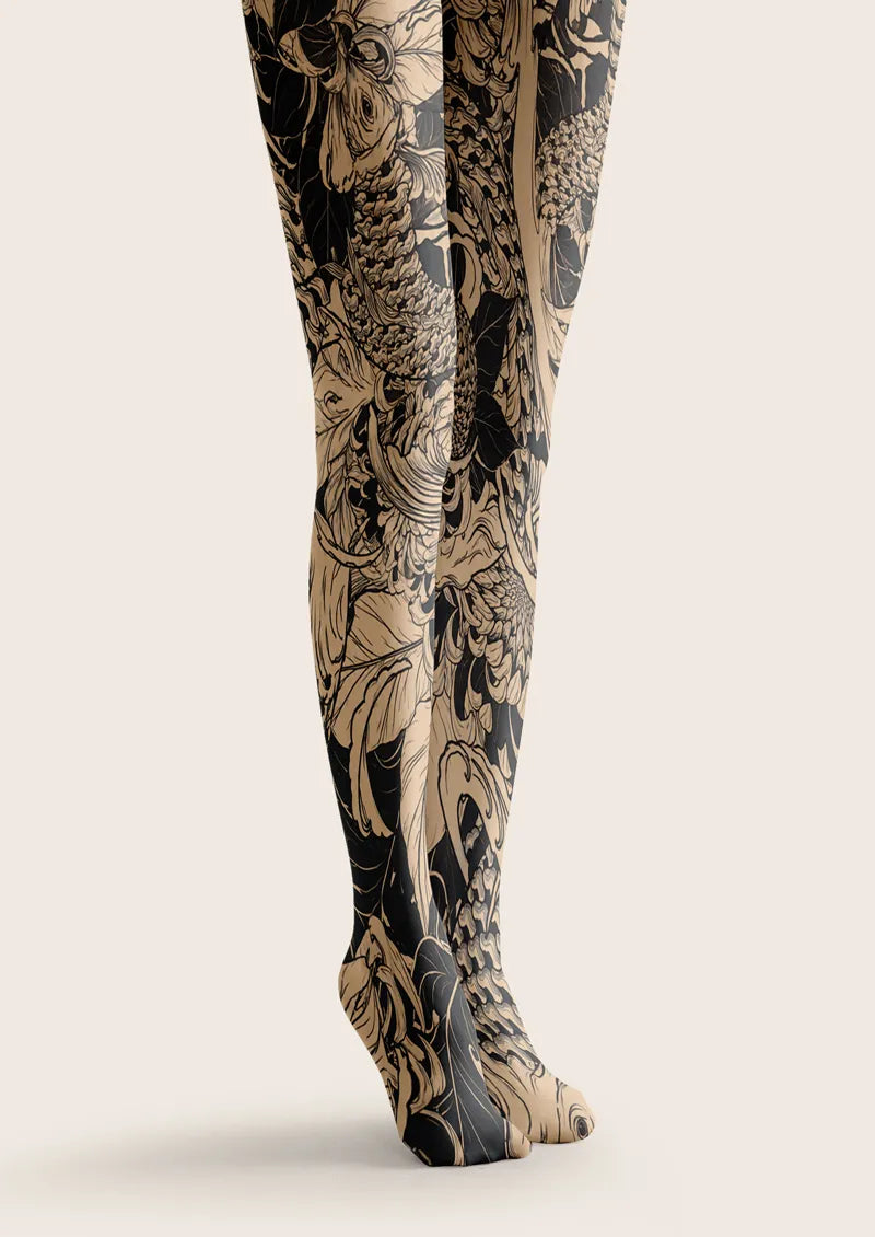 Monochrome Koi and Lotus Art Print Tights Hosiery Pantyhose
