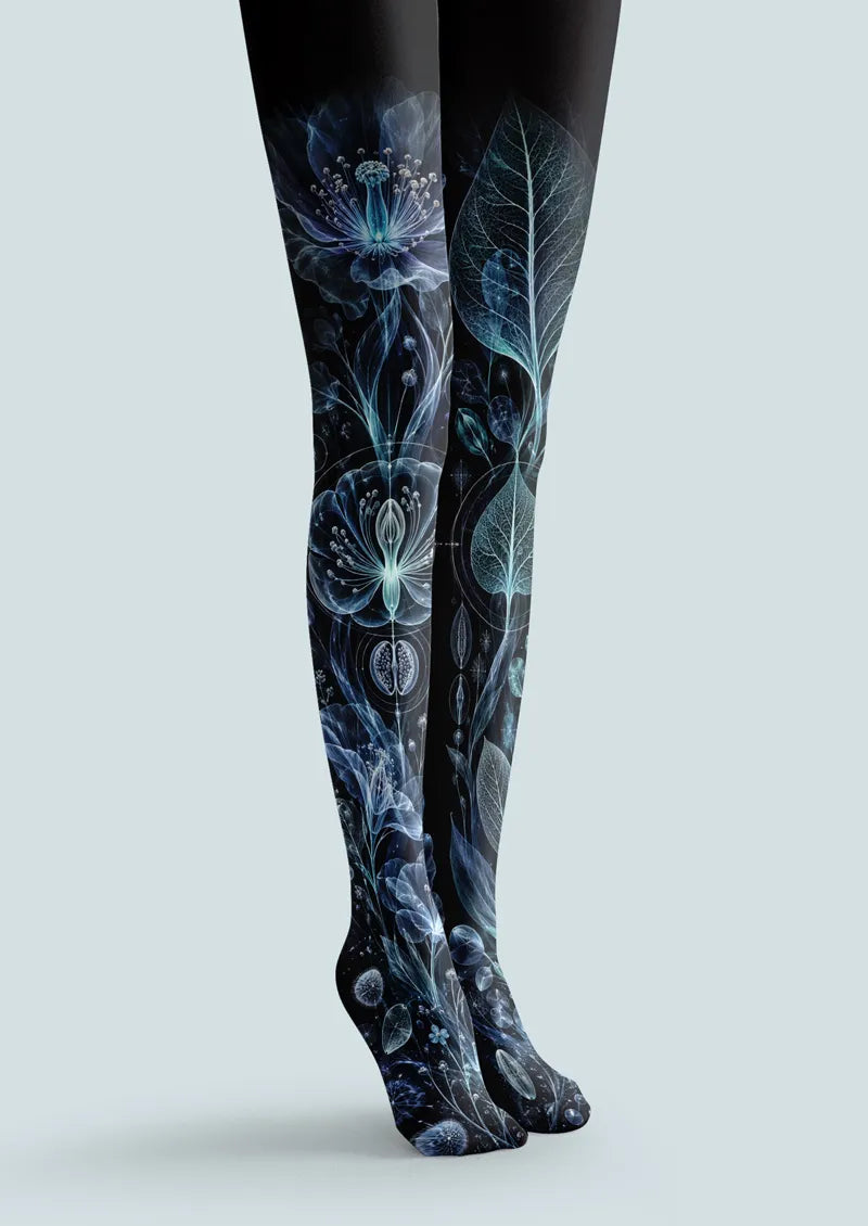 Black Blue Botanical Floral Tights