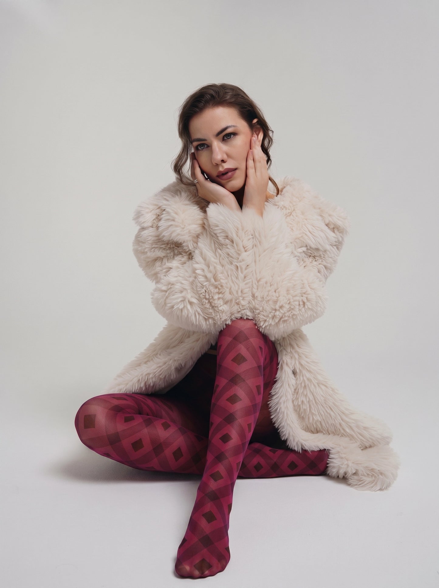Burgundy Argyle Checkered Pattern Tights Hosiery Pantyhose