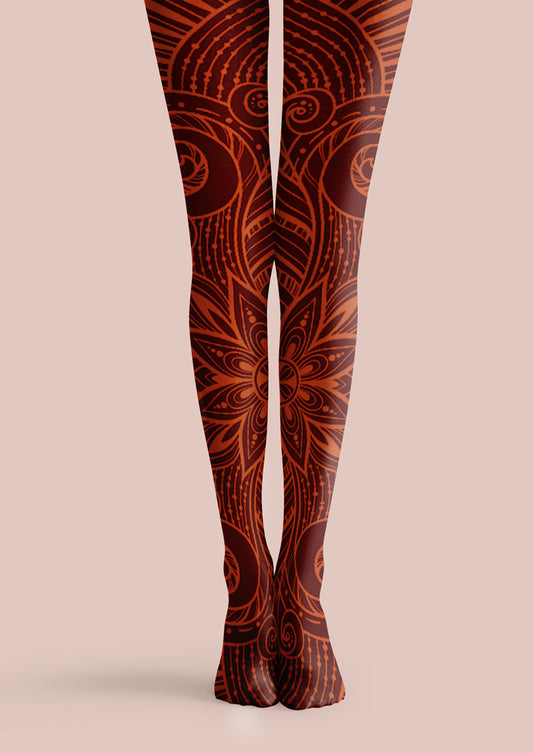 Red Brown Mandala Tattoo Tights Hosiery Pantyhose