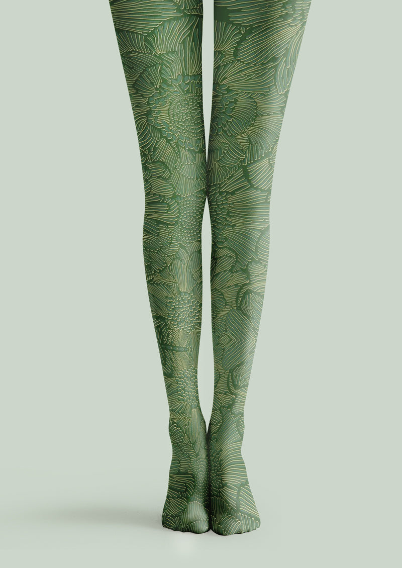 Green Botanical Pattern Tights Hosiery Pantyhose