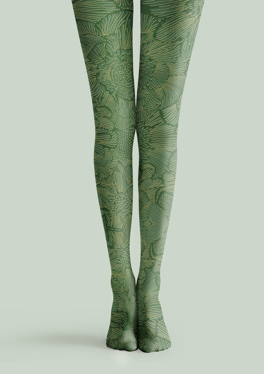 Green Botanical Pattern Tights Hosiery Pantyhose
