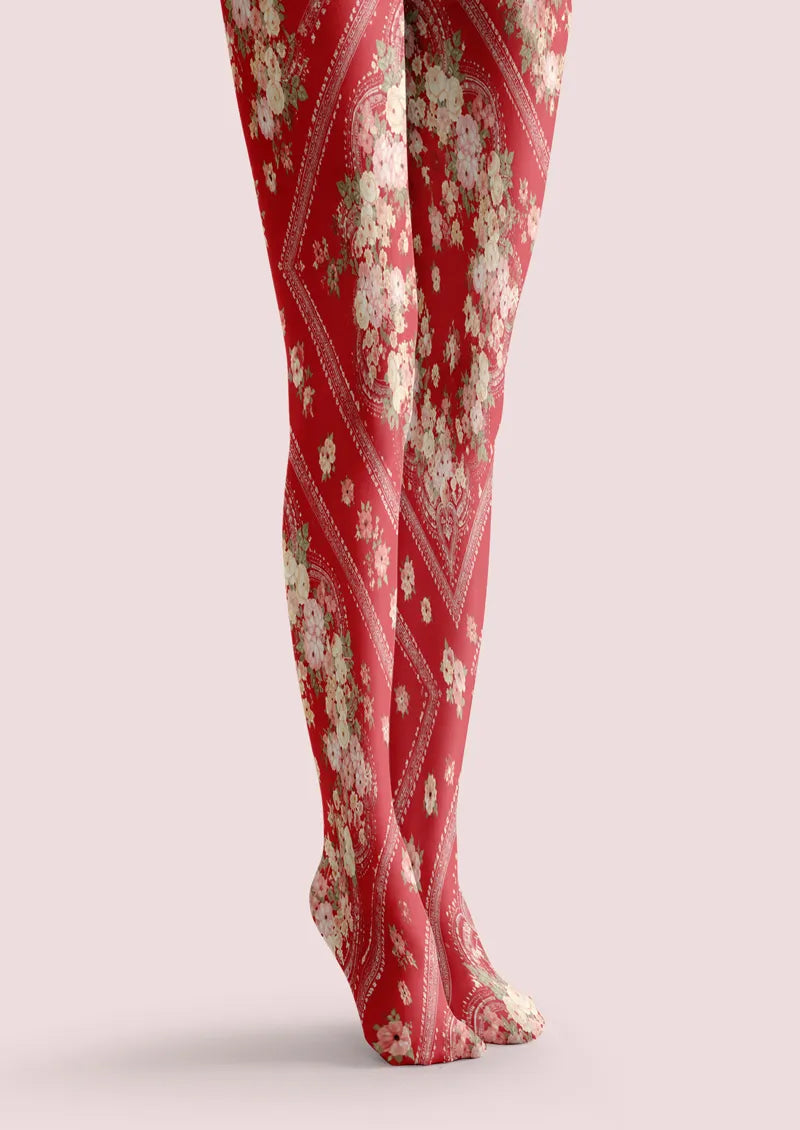 Red Rose Floral Scarf Print Tights Hosiery Pantyhose
