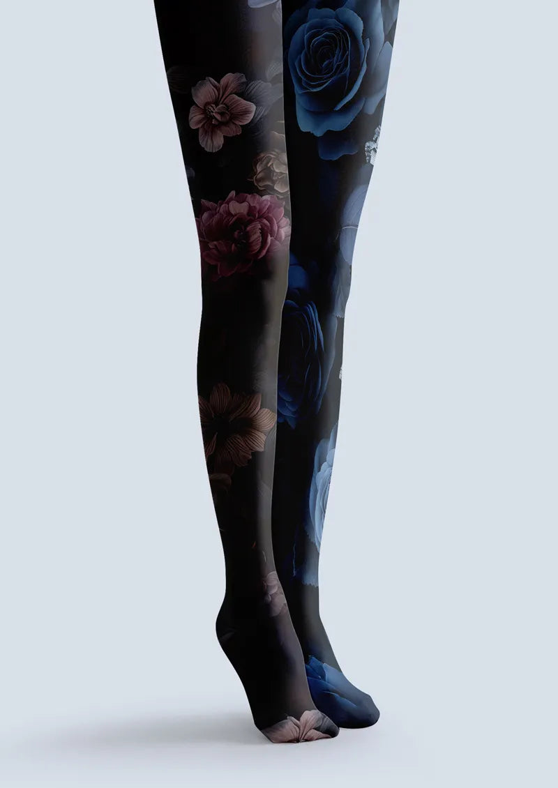 Dark Two-Tone Split Floral Print Tights Hosiery Pantyhose