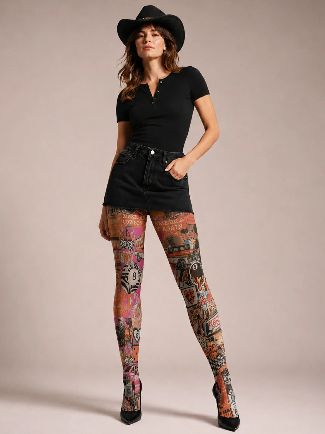 Cowgirl Sticker Collage Tights Hosiery Pantyhose