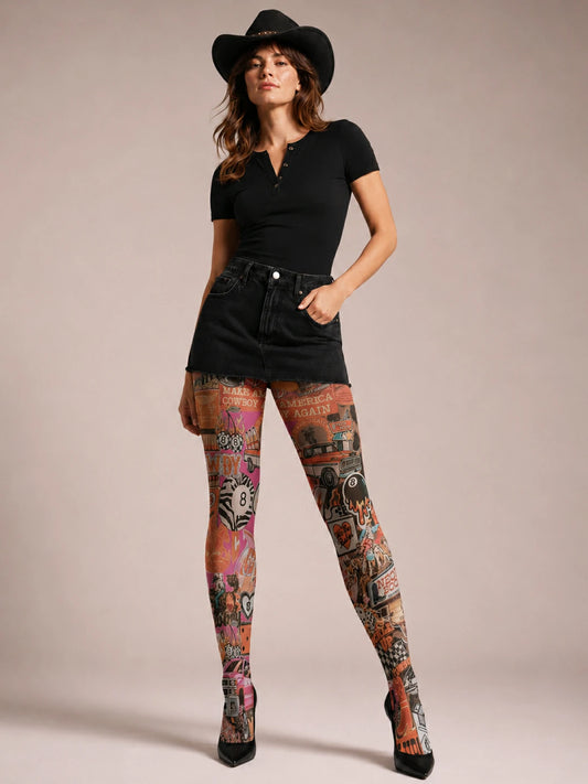 Cowgirl Sticker Collage Tights Hosiery Pantyhose