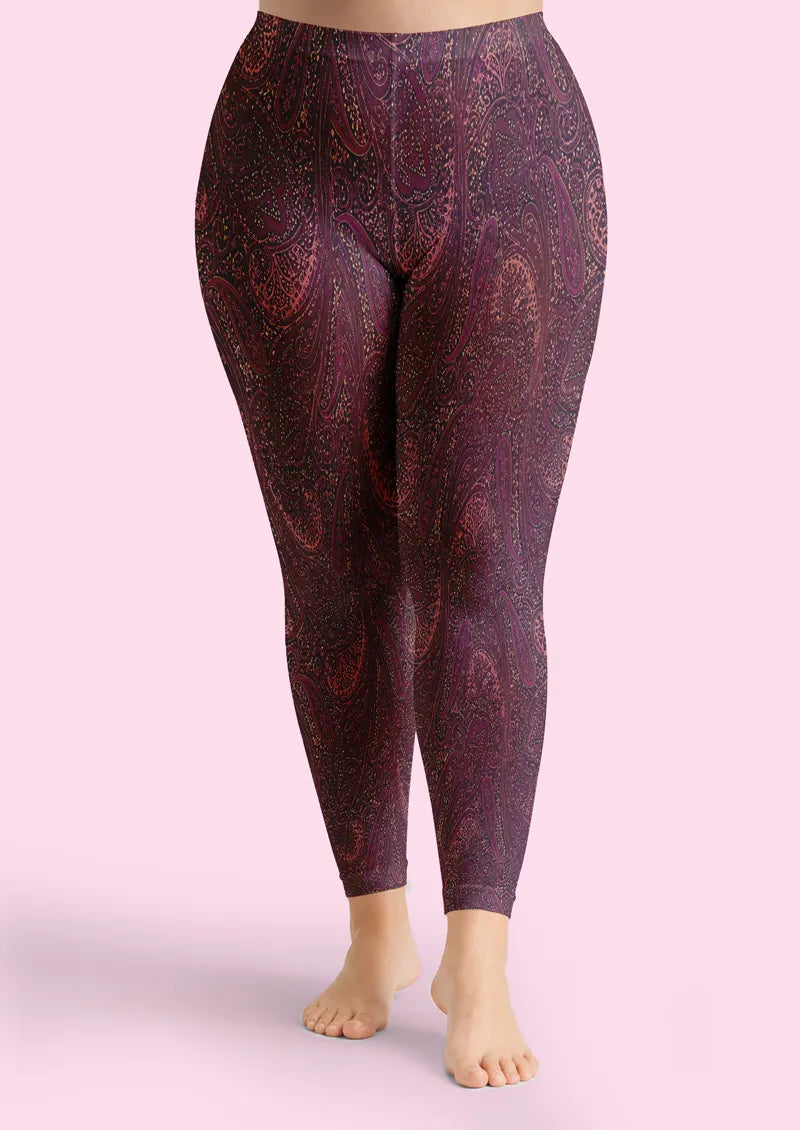 Purple Red Paisley Print Capri Tights Hosiery Pantyhose