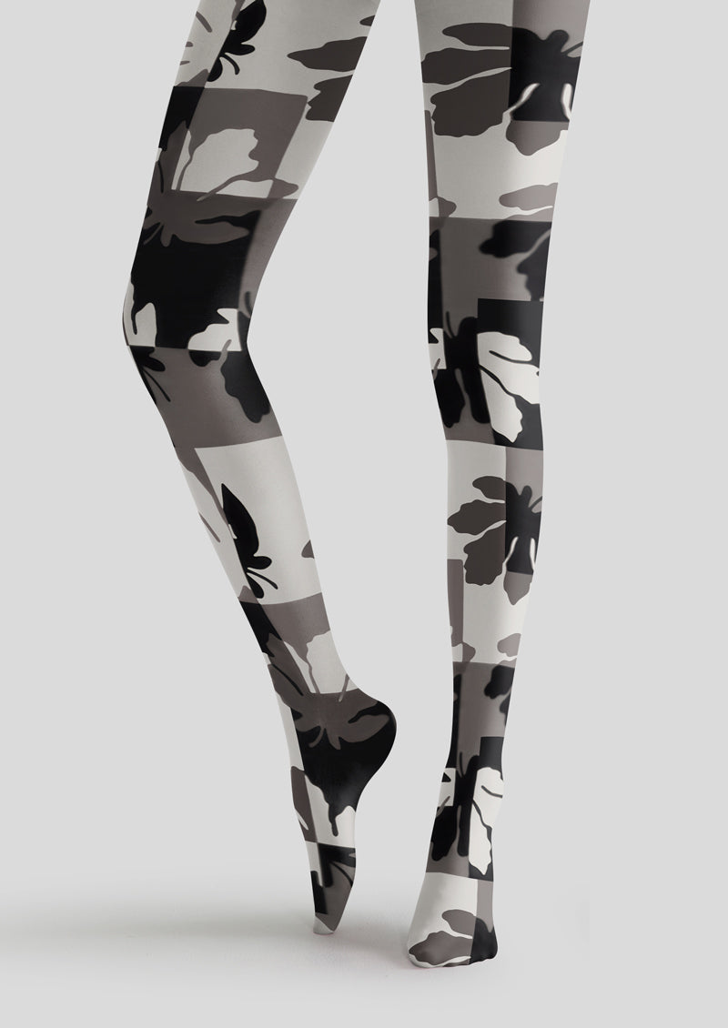 Black White Leaf Patchwork Tights Hosiery Pantyhose