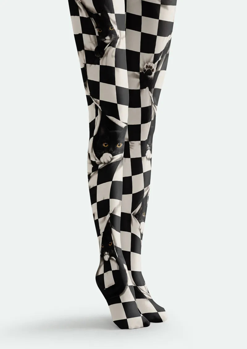 Black White Cat Checkerboard Tights