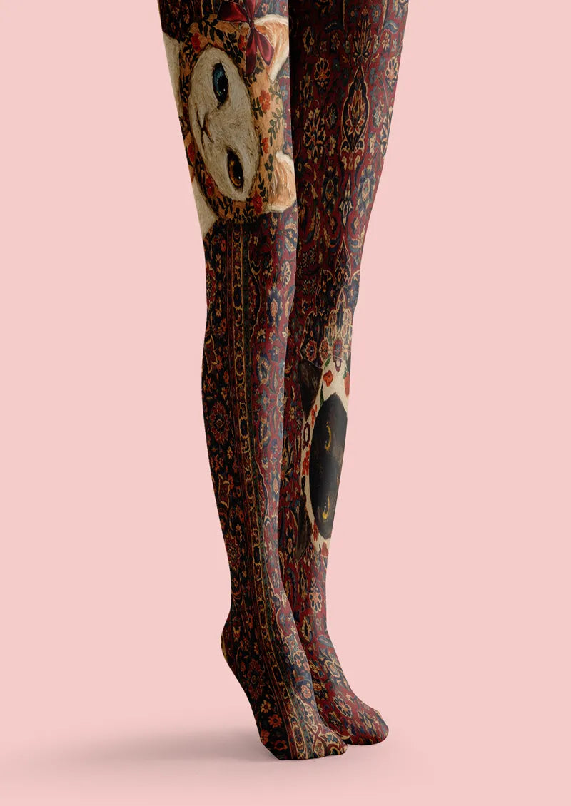 Two-Tone Black and White Cat Tapestry Print Tights Hosiery Pantyhose