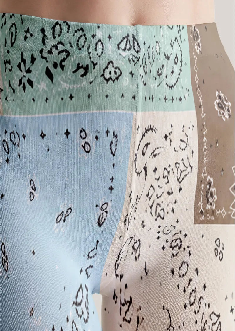 Blue Brown Patchwork Paisley Print Tights Hosiery Pantyhose