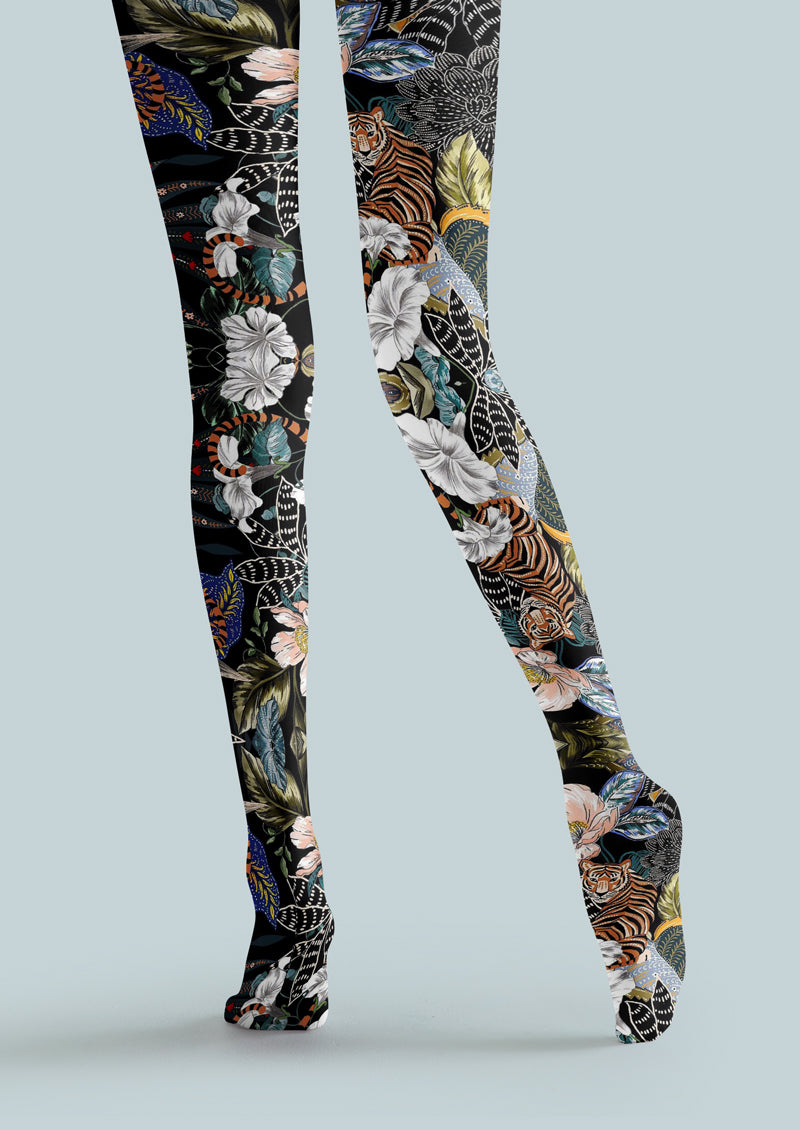 Black Floral Tiger Jungle Tights Hosiery Pantyhose
