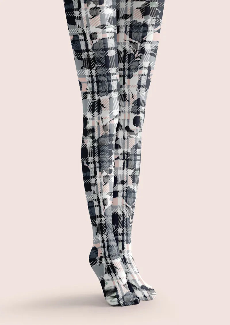 Gray Plaid Floral Tights