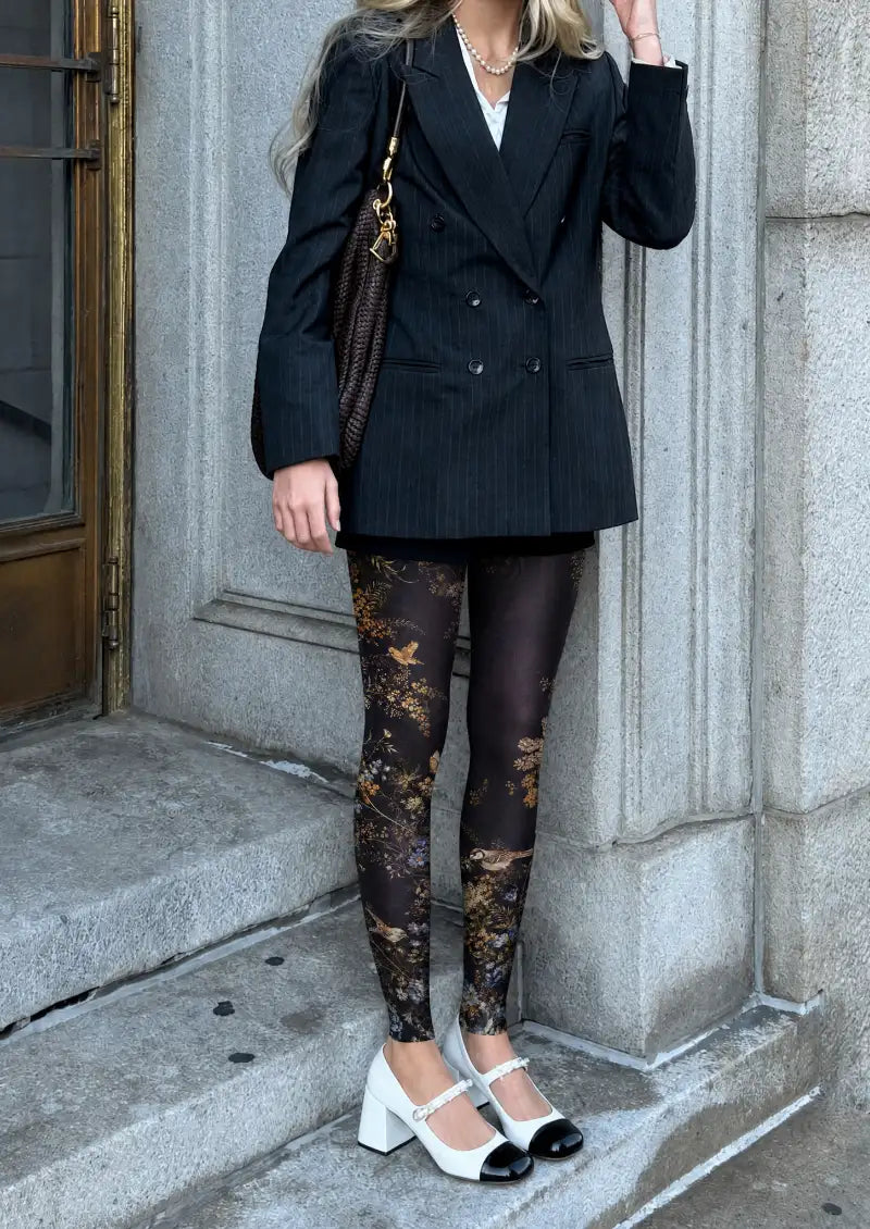 Model wearing Black Midnight Bird Floral Footless Tights in a styled outfit