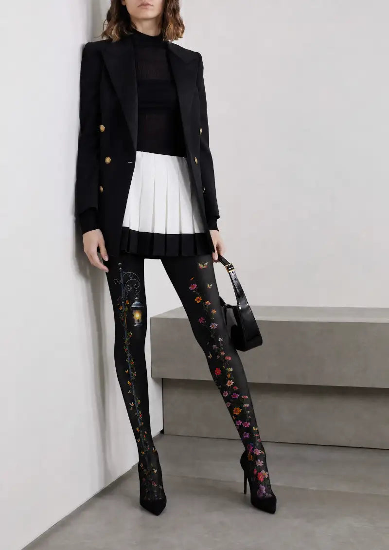 Black Floral Illustration Tights