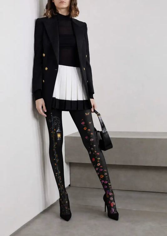 Black Floral Illustration Tights