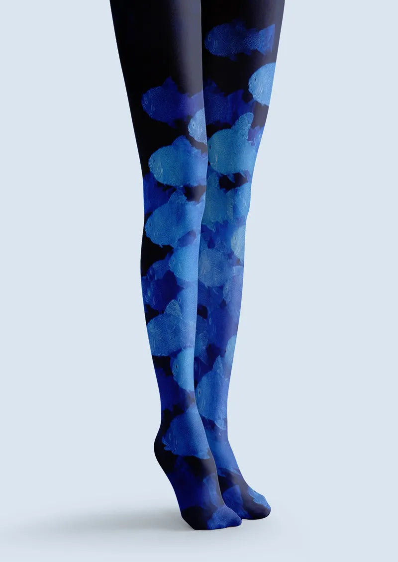 Navy Blue School of Fish Art Print Tights Hosiery Pantyhose