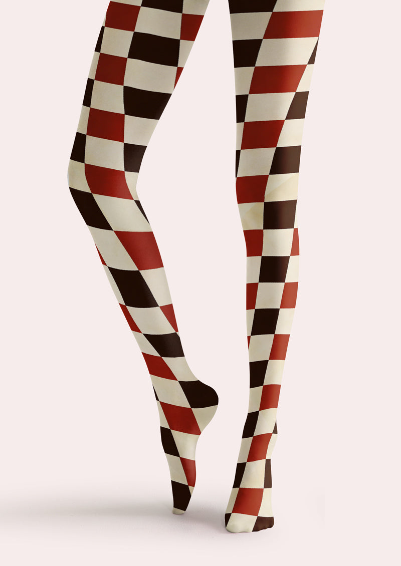Red Brown Checkerboard Printed Tights Hosiery Pantyhose